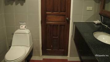 A bathroom with a toilet, a sink, and a wooden door.