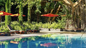 Outdoor pool, pool umbrellas, pool loungers