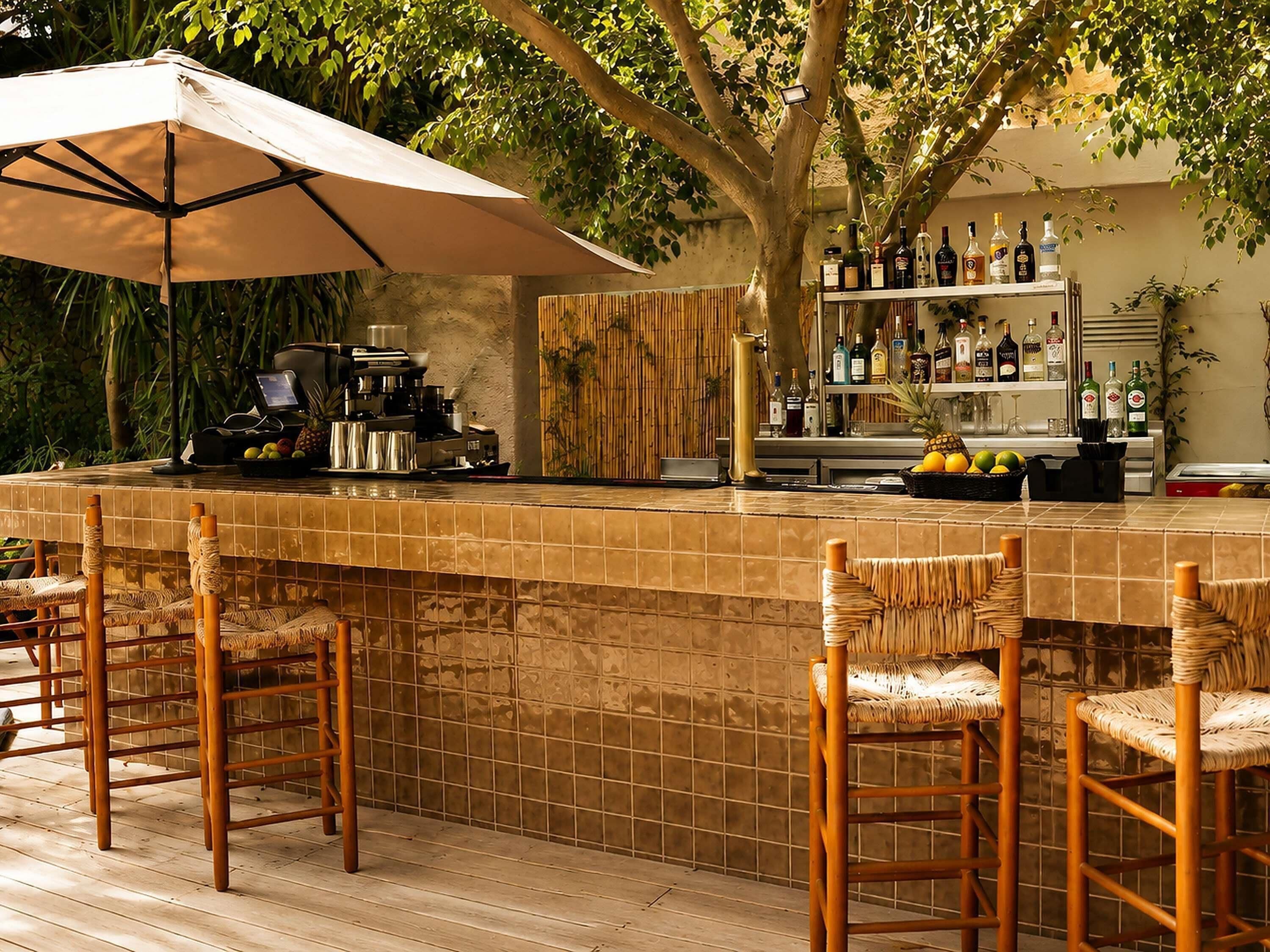 A bar area with a tiled counter, bar stools, an umbrella, a coffee machine, and a variety of bottles.