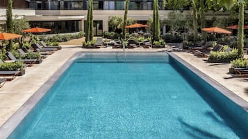 Outdoor pool, pool umbrellas, pool loungers