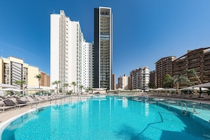 Outdoor pool, open 9:00 AM to 8:00 PM, pool umbrellas, sun loungers