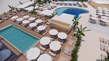 Kolam renang terbuka, dibuka dari pukul 9:00 hingga 20:00, payung kolam