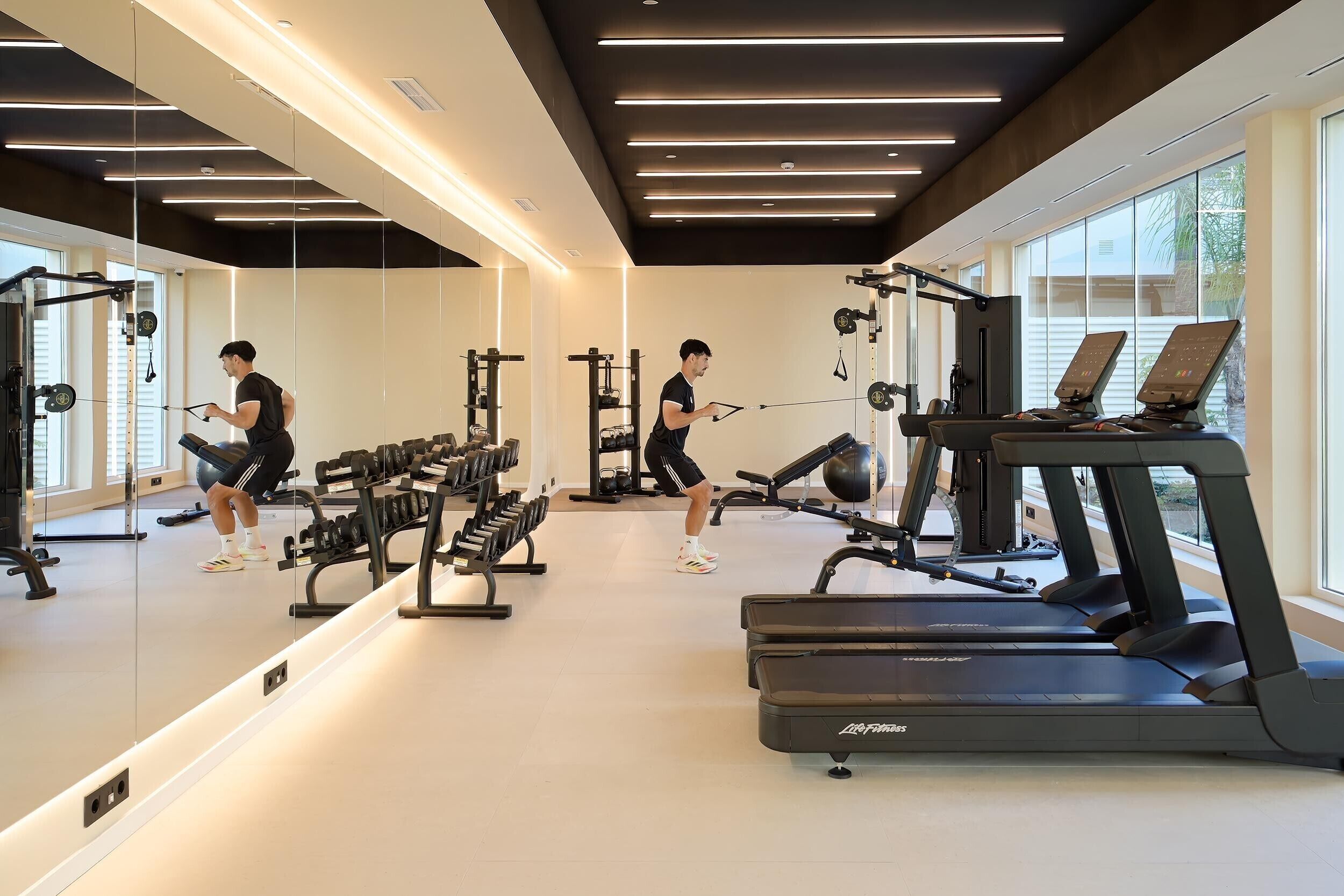 A modern gym with treadmills, weight machines, and free weights.