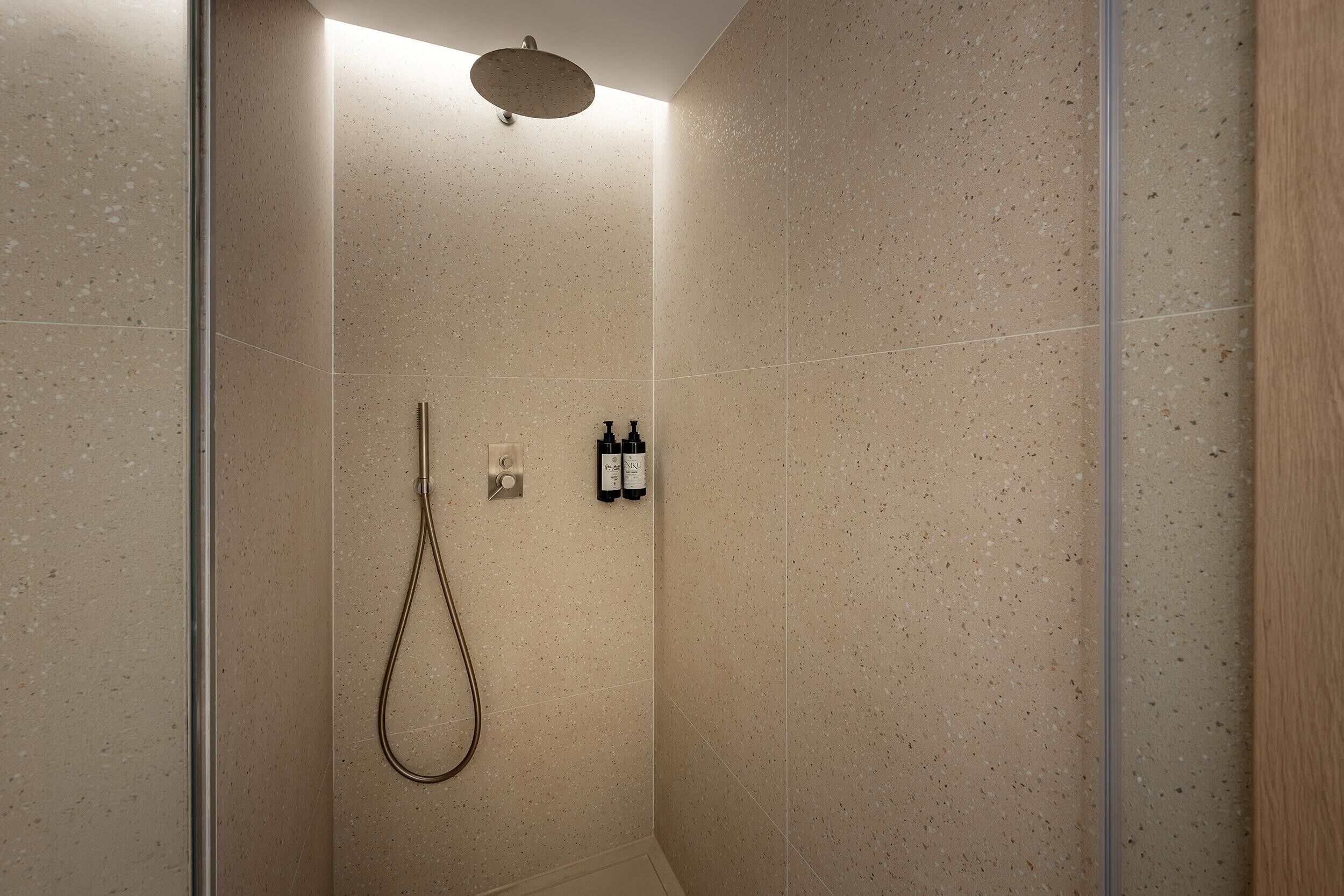 Un espace douche équipé d’un pommeau de douche à main, d’un panneau de commande mural et de deux bouteilles de shampoing.