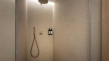 Un espace douche équipé d’un pommeau de douche à main, d’un panneau de commande mural et de deux bouteilles de shampoing.