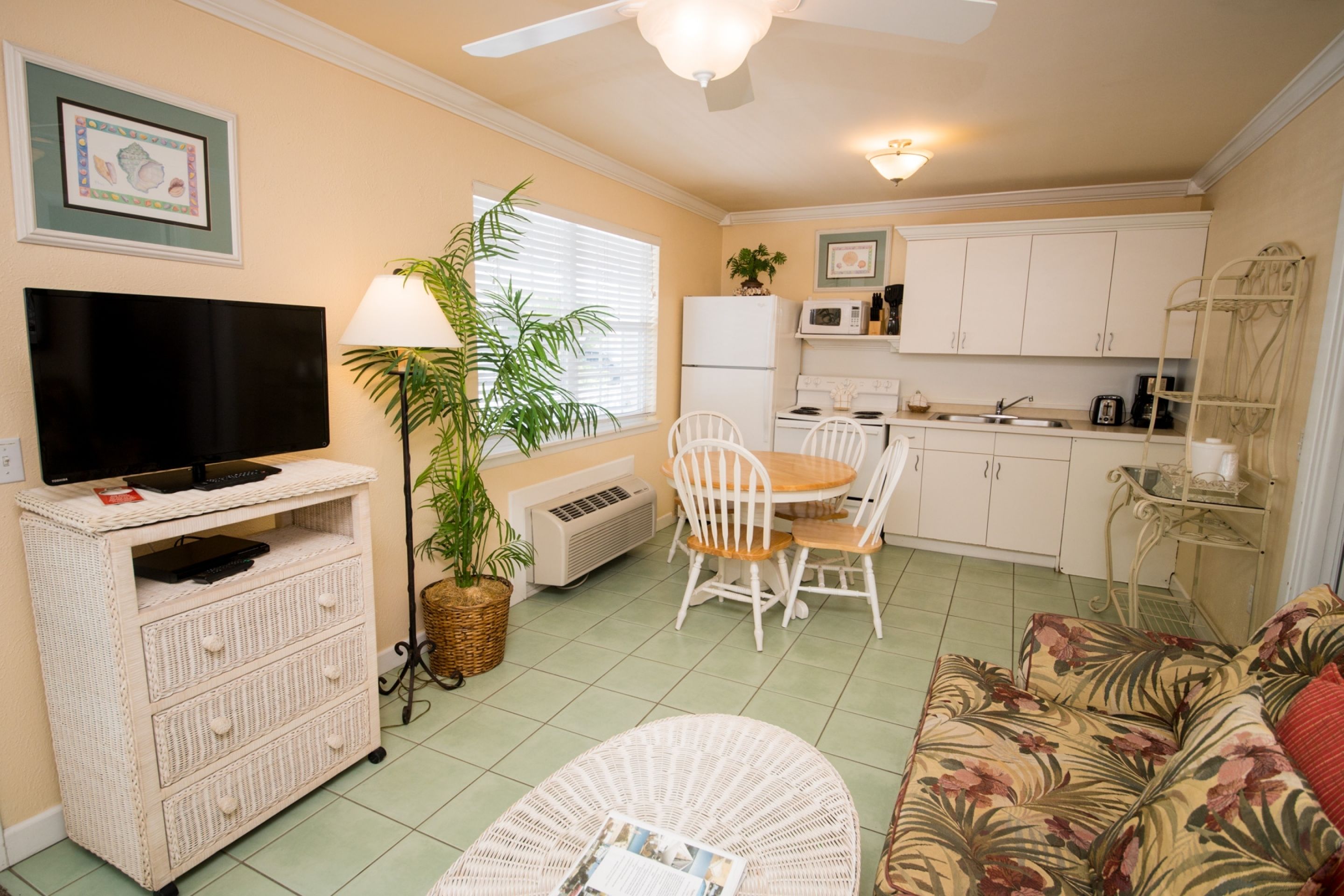A living room with a television, wicker furniture, a dining area with chairs, and a kitchen with cabinets and appliances.