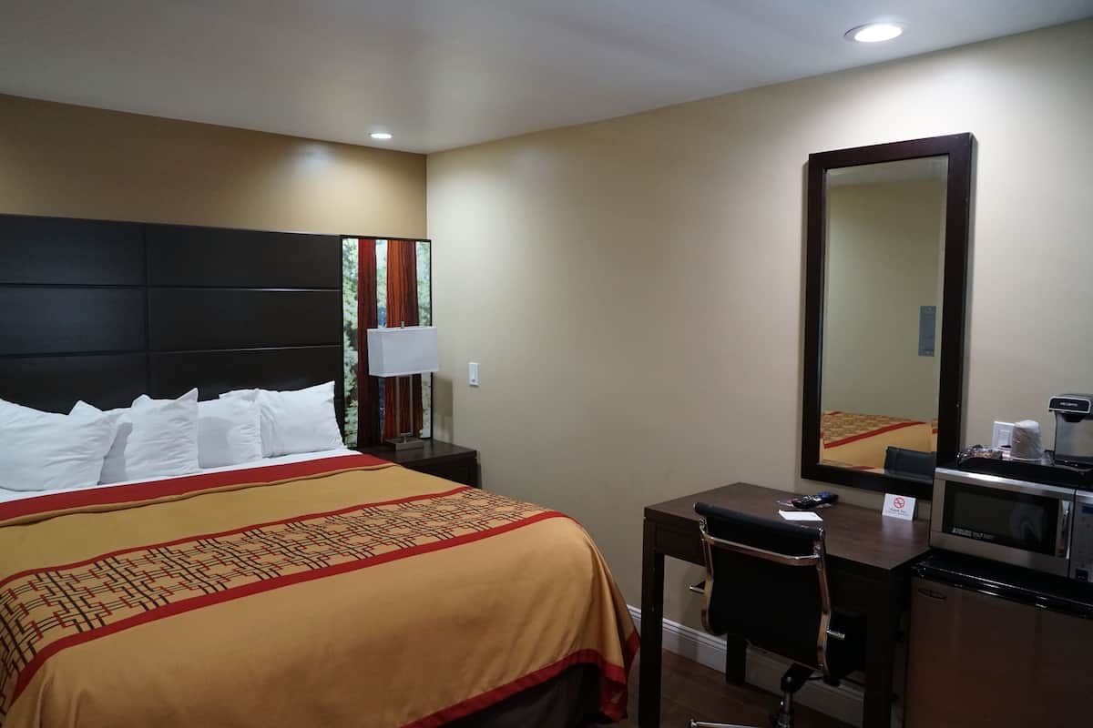A hotel room with a bed, a desk, a chair, a mirror, a lamp, a coffee maker, and a microwave.