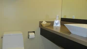 A bathroom with a toilet, a sink, a mirror, and a shelf with toiletries.