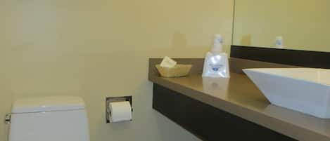 A bathroom with a toilet, a sink, a mirror, and a shelf with toiletries.