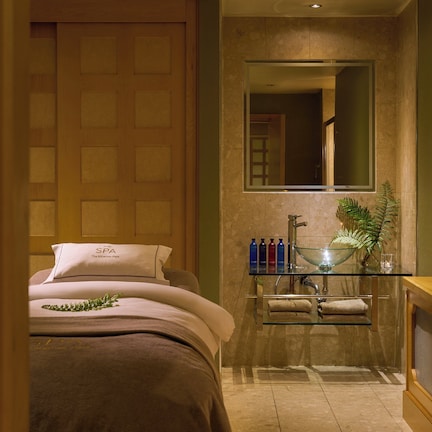 A hotel room with a bed, a glass shelf with toiletries, a mirror, and a plant.