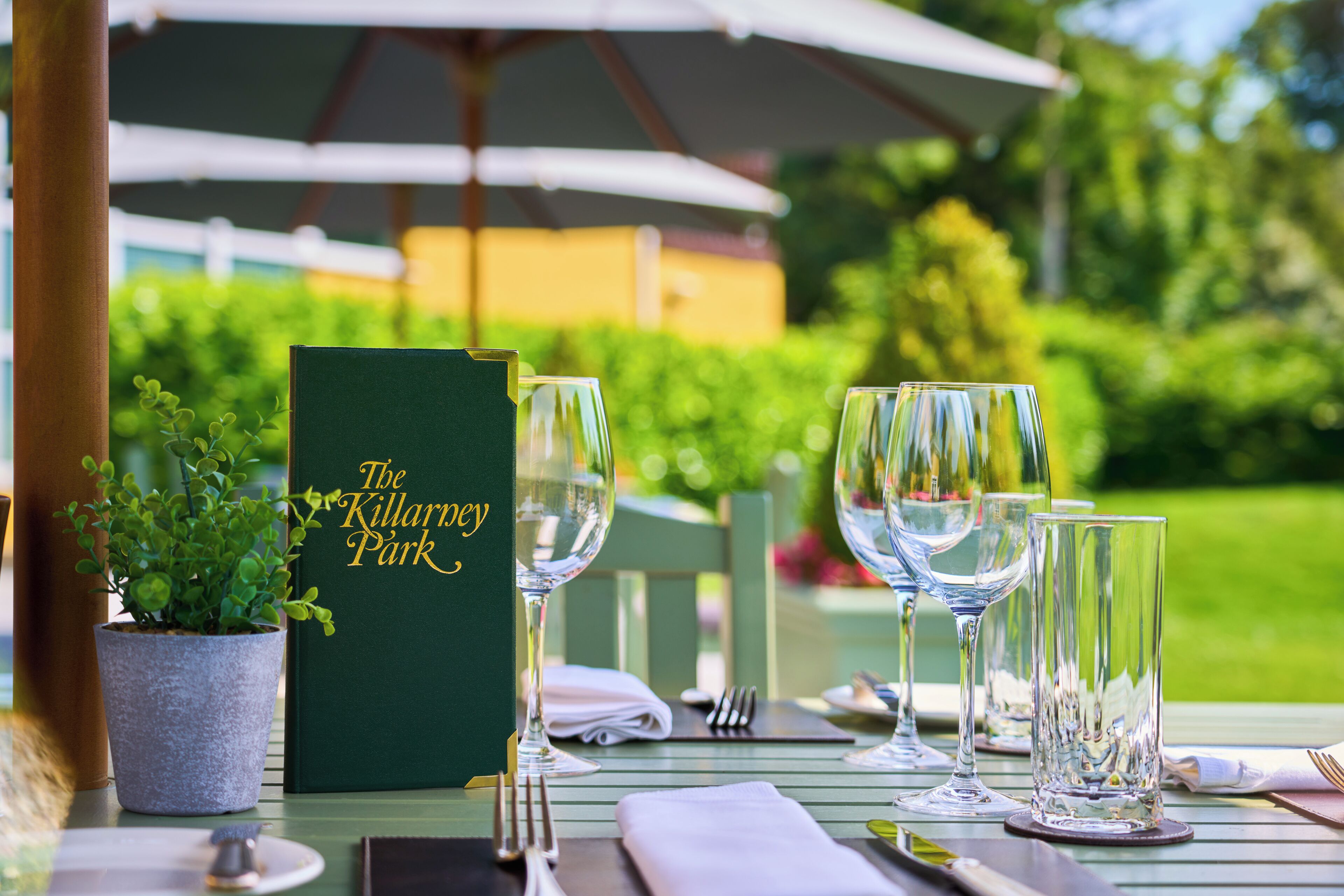 Una mesa al aire libre con un menú titulado "The Killary Park" y copas de vino vacías.