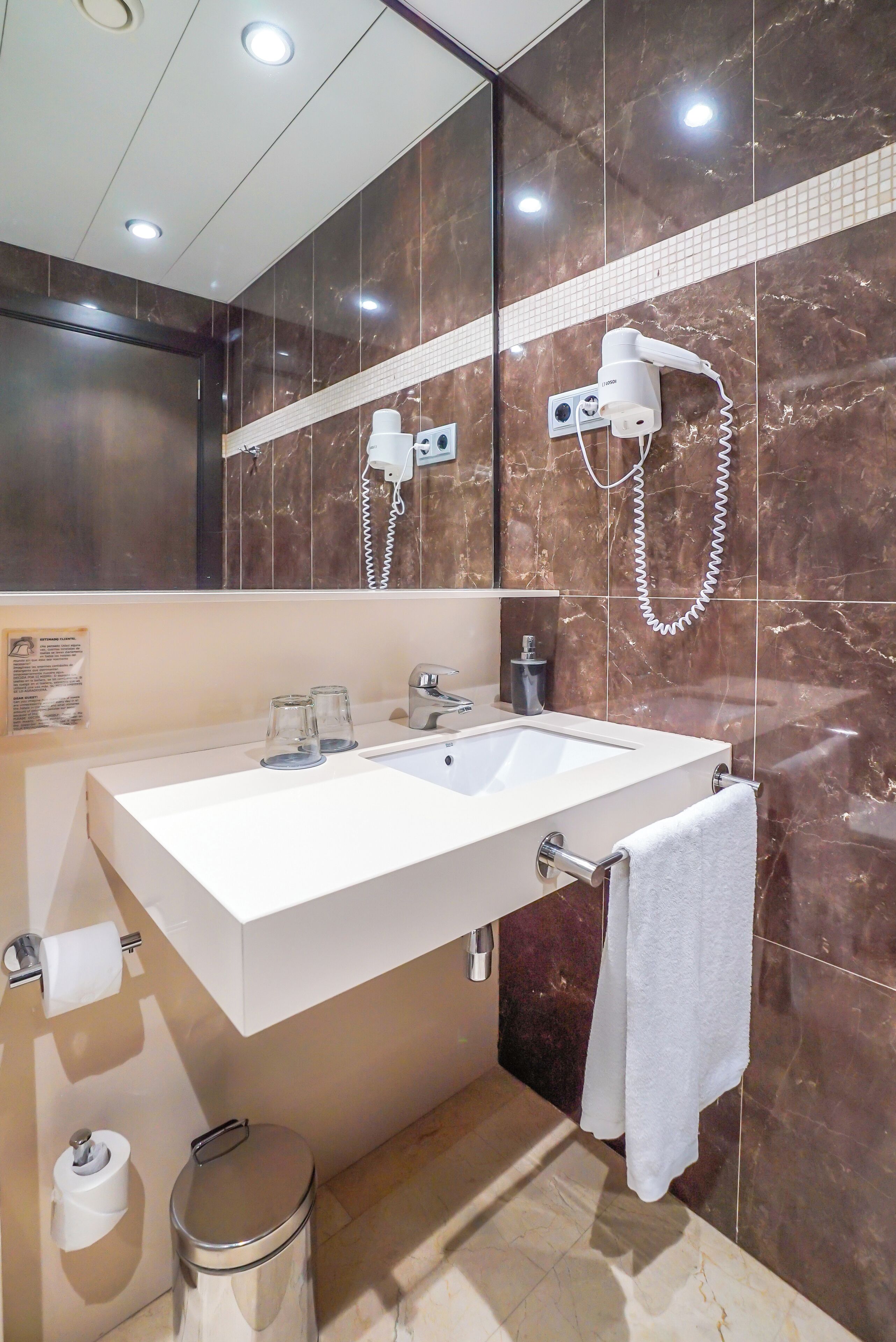 superior twin room | bathroom | shower, rainfall showerhead, hair dryer, towels