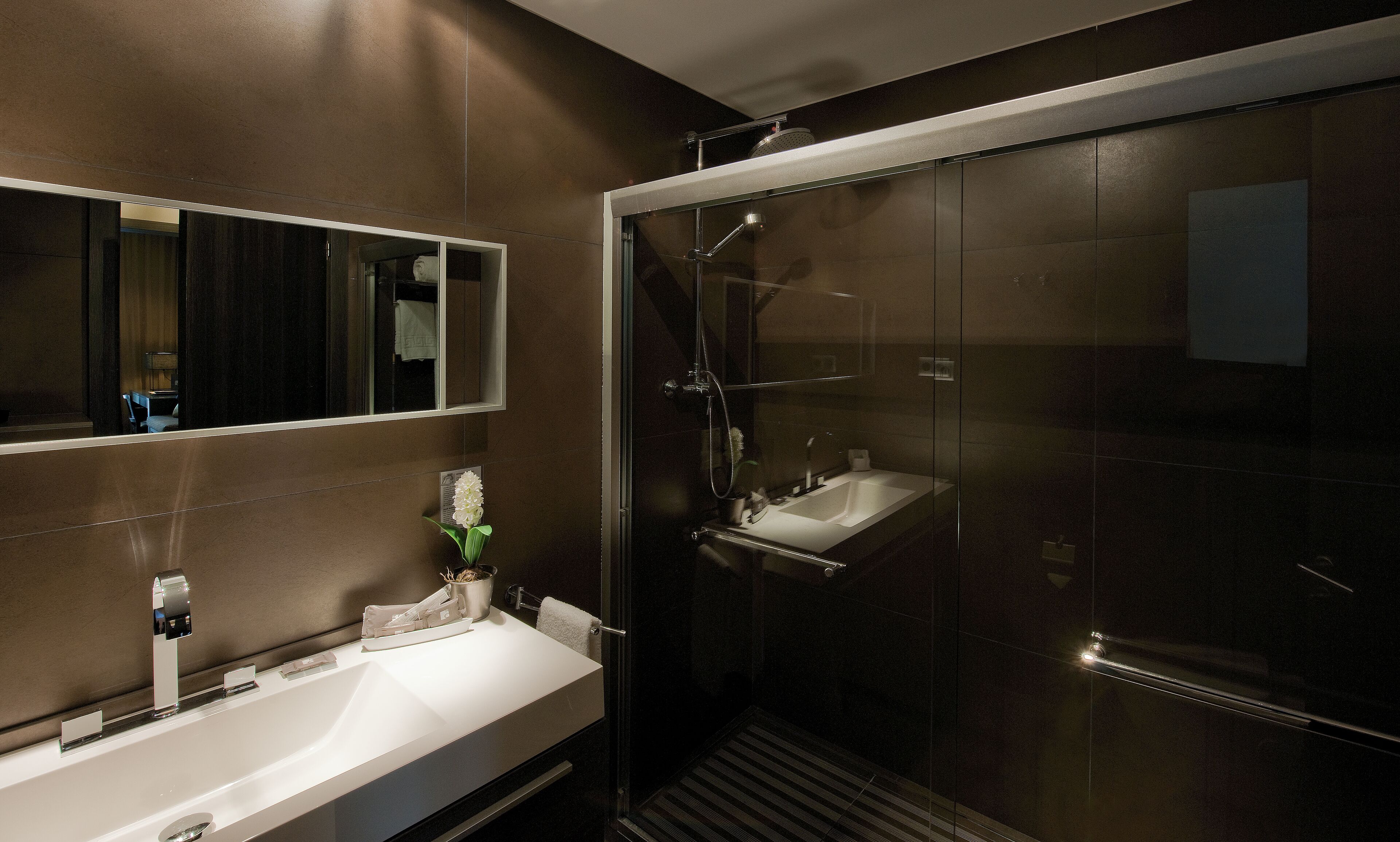 shower, rainfall showerhead, hair dryer, towels