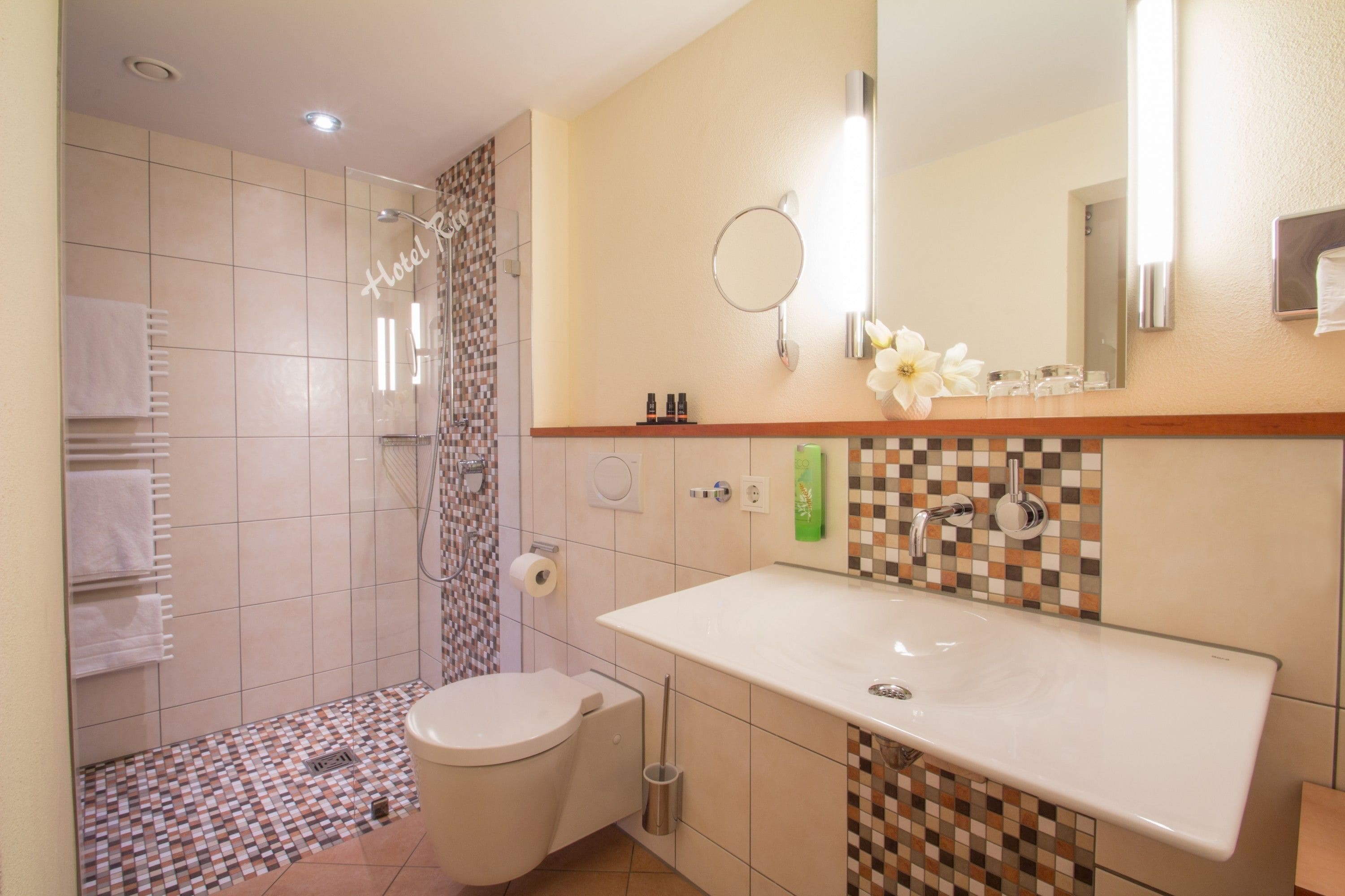 shower, free toiletries, hair dryer, towels