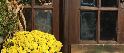 Une entrée pavée de briques, agrémentée d’une grande citrouille orange et de fleurs jaunes.