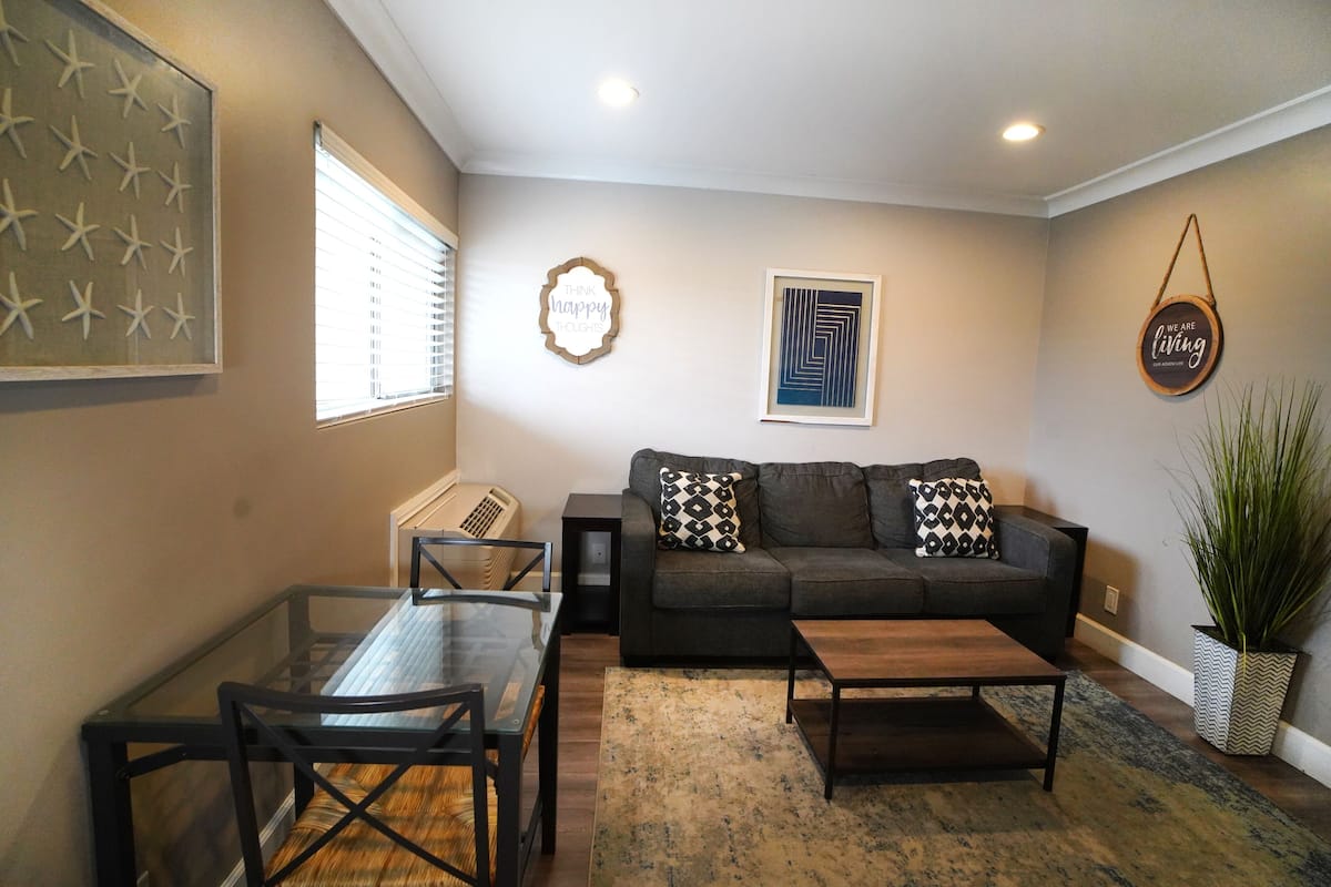 A living room with a dark grey sofa, a glass coffee table, a dining table with chairs, and a large potted plant.