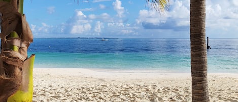 On the beach, white sand, sun loungers, beach umbrellas