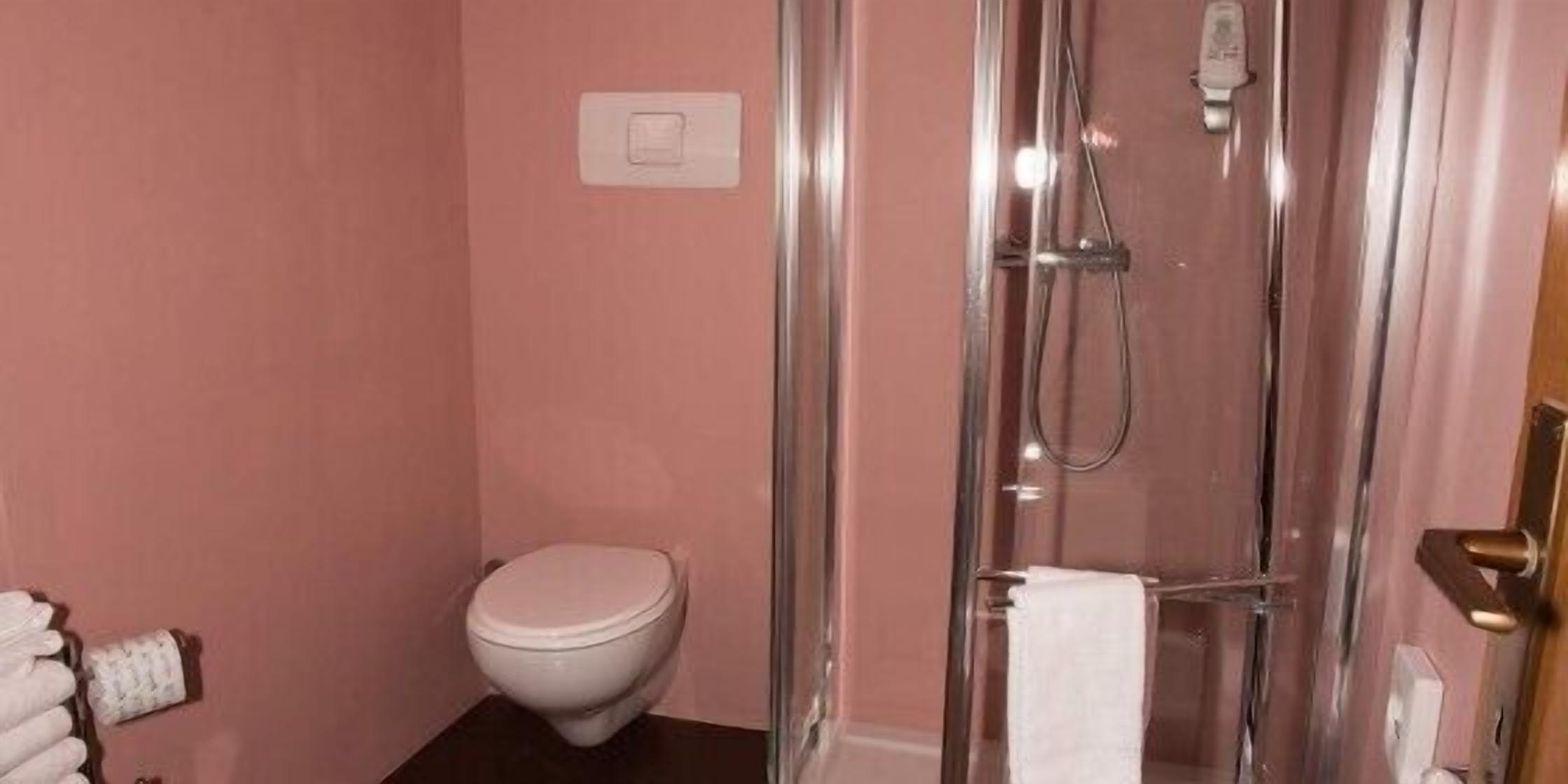 Ein Badezimmer mit Toilette, Duschkabine und Handtuchhalter.
