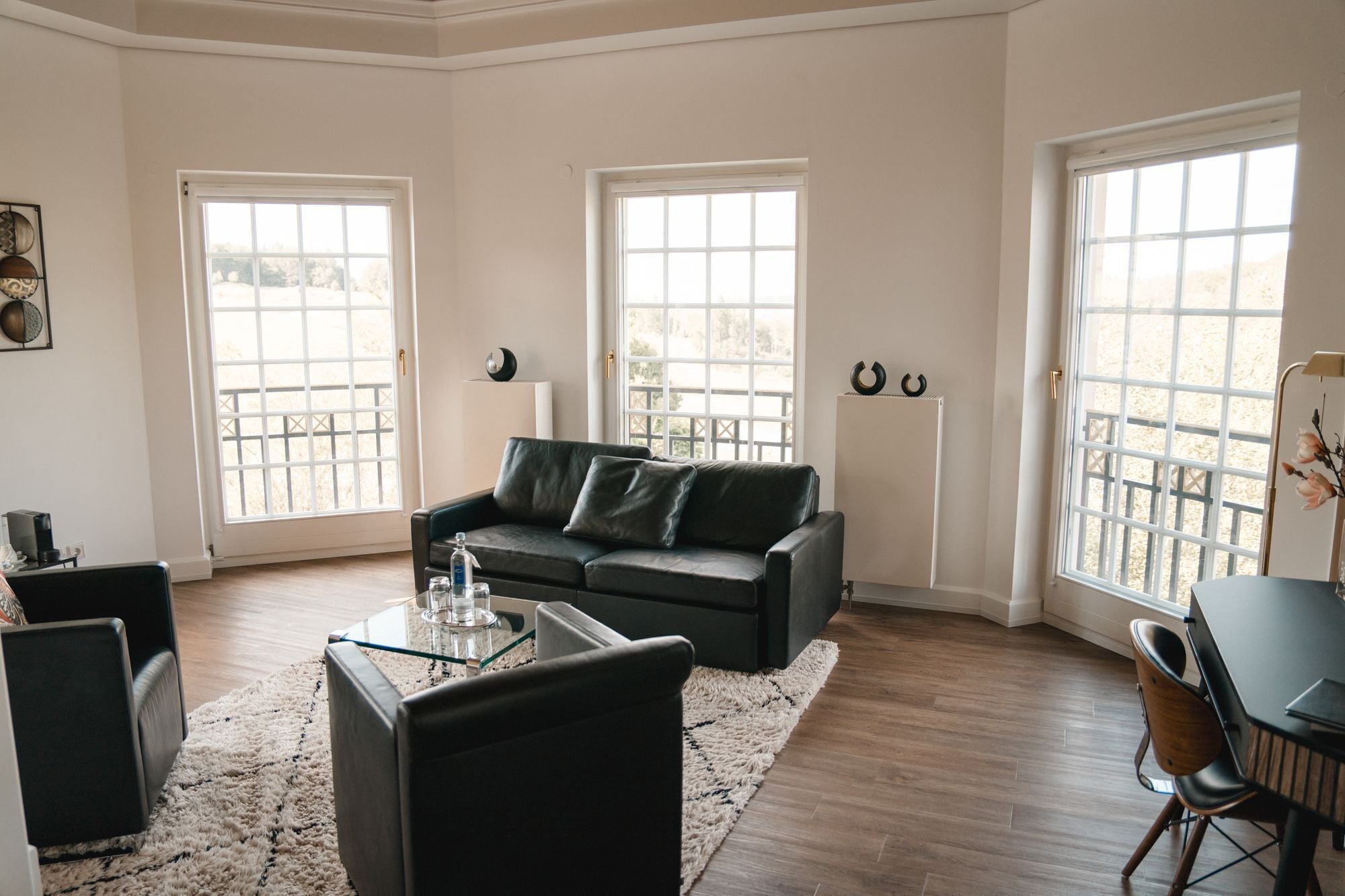 Een moderne woonkamer met een zwarte leren bank, een glazen salontafel en een hoogpolig wit tapijt. Er zijn twee grote ramen met witte kaders en uitzicht op het buitenland.