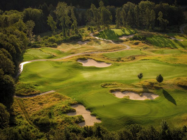 A golf course with sand bunkers, a winding path, and dense trees in the background. - Hofgut Georgenthal (Hohenstein)