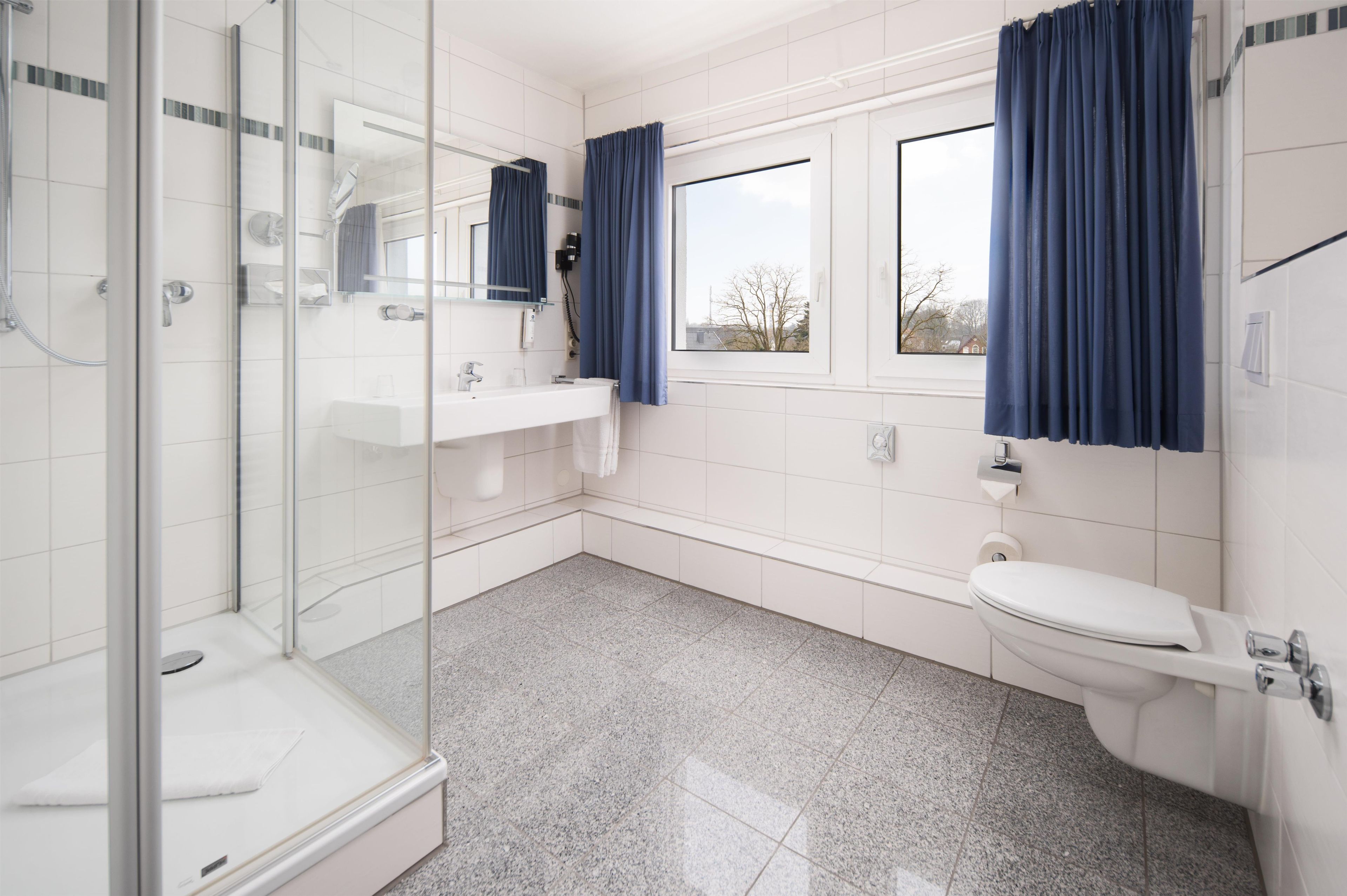 A modern bathroom with a glass shower enclosure, a white sink, and a toilet.