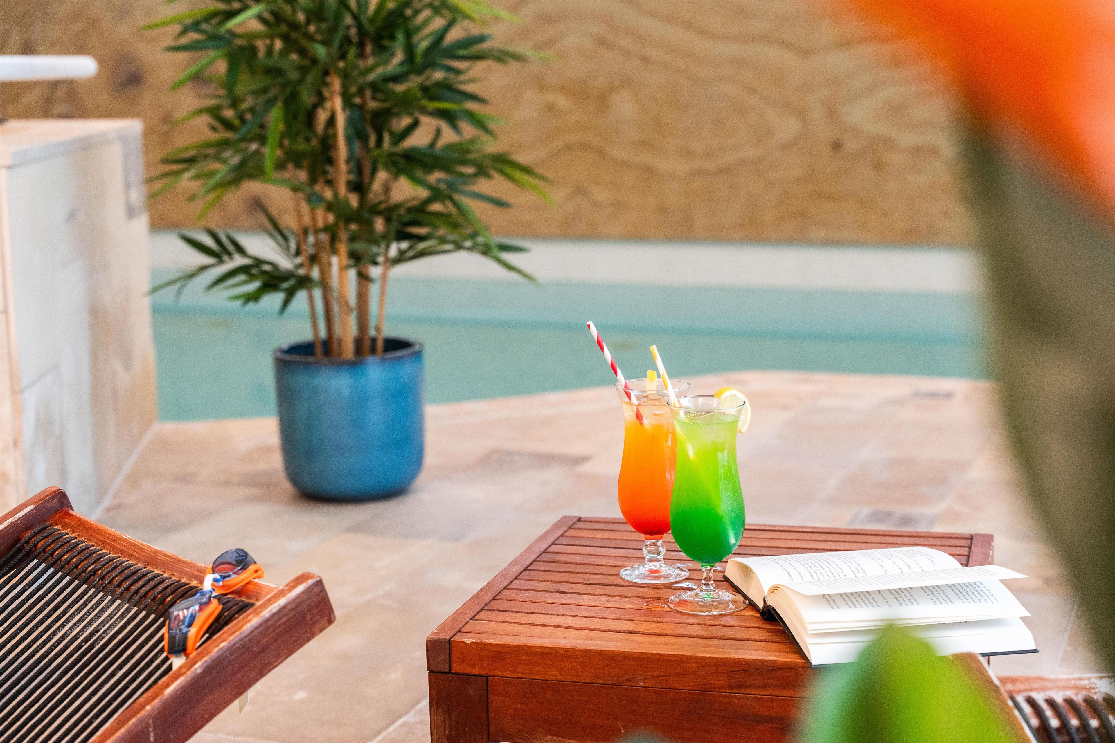 Une table en bois avec deux boissons, une plante en pot et un livre.