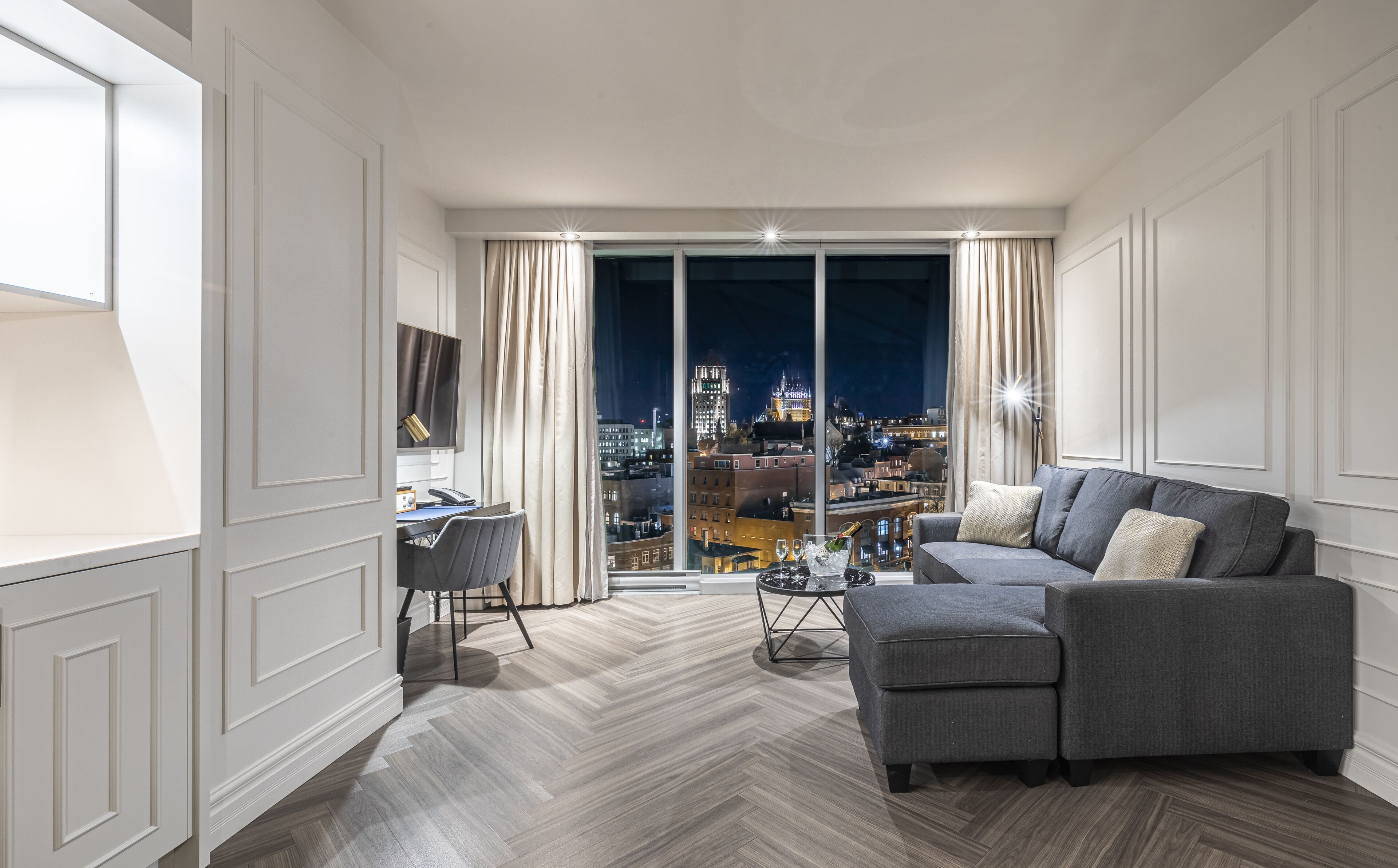 suite citadine with king bed, old quebec view | living area | 55-inch flat-screen tv with cable channels