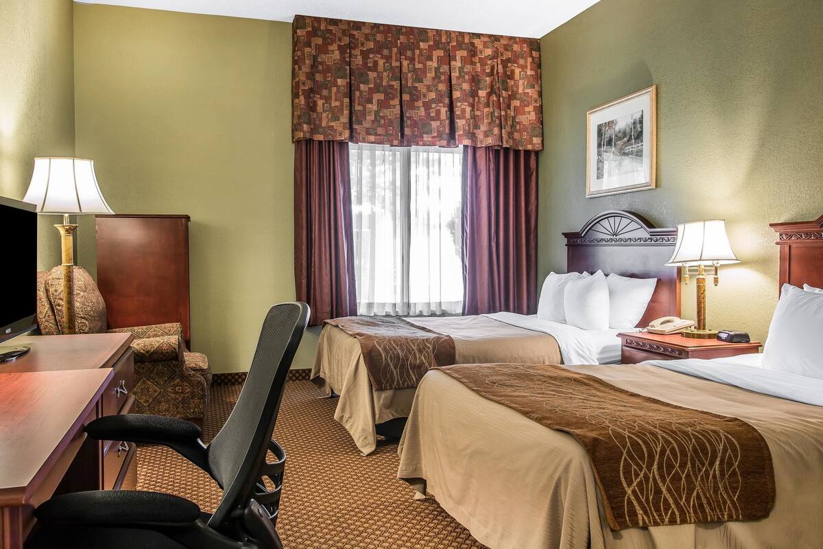 A hotel room with two beds, a desk, a chair, a TV, and a lamp.
