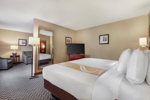 Una habitación de hotel con una cama grande, un escritorio, una silla, un televisor de pantalla plana y una lámpara.