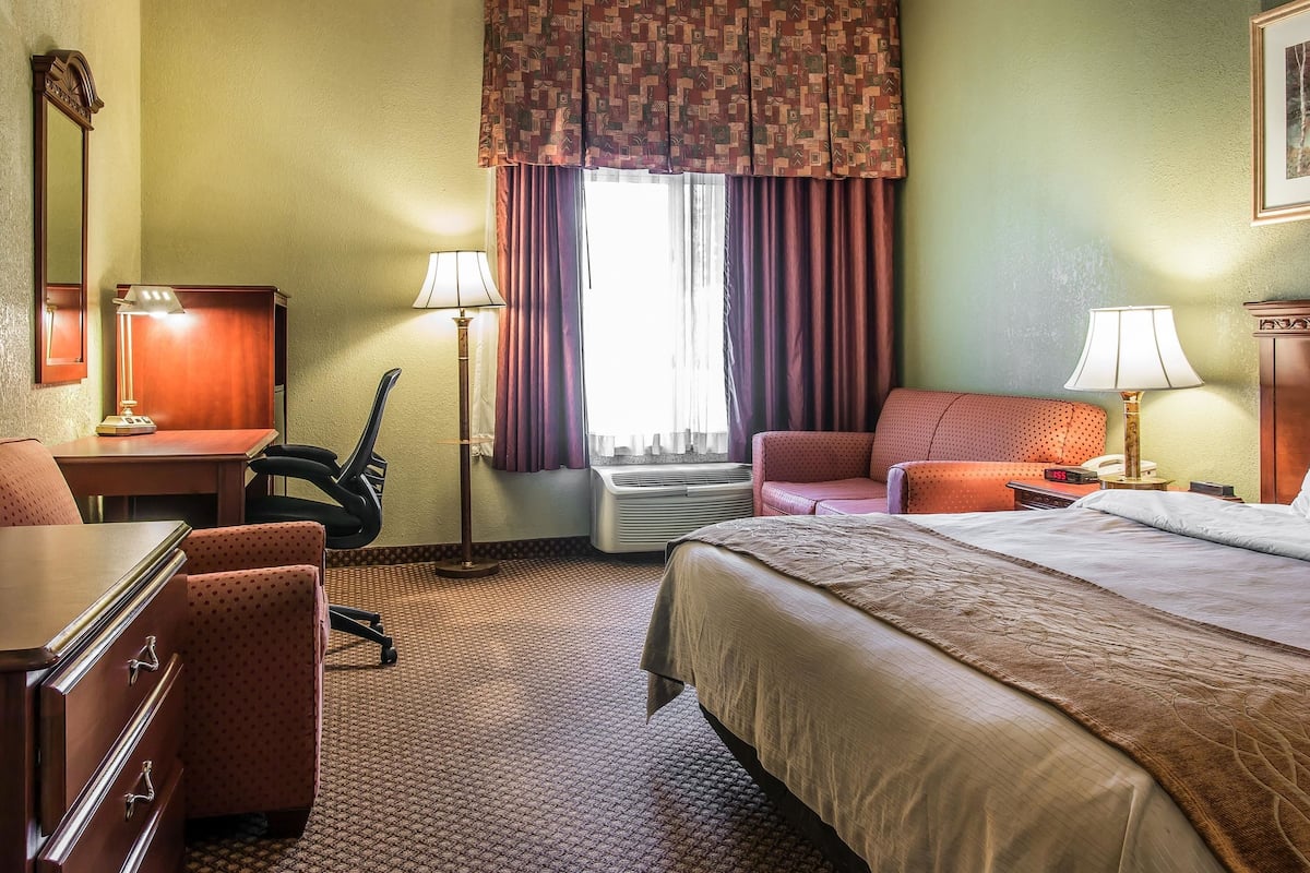 A hotel room with a bed, a desk, a chair, a lamp, and a window with curtains.