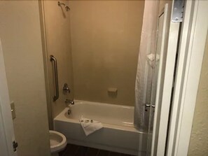 Un baño con bañera, inodoro y ducha.
