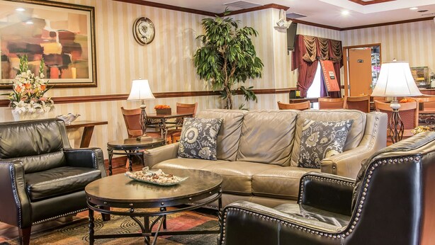 A well-furnished living room with a leather sofa, armchairs, a coffee table, and a large potted plant. - Quality Inn & Suites Ann Arbor Hwy 23 (Ann Arbor)