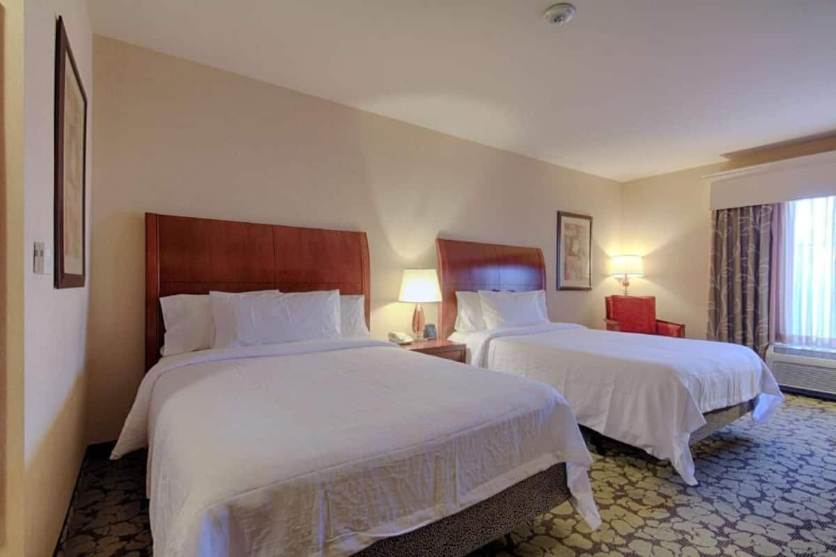 A hotel room with two beds, a patterned carpet, and a window with curtains.