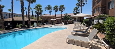 Outdoor pool, pool umbrellas, pool loungers