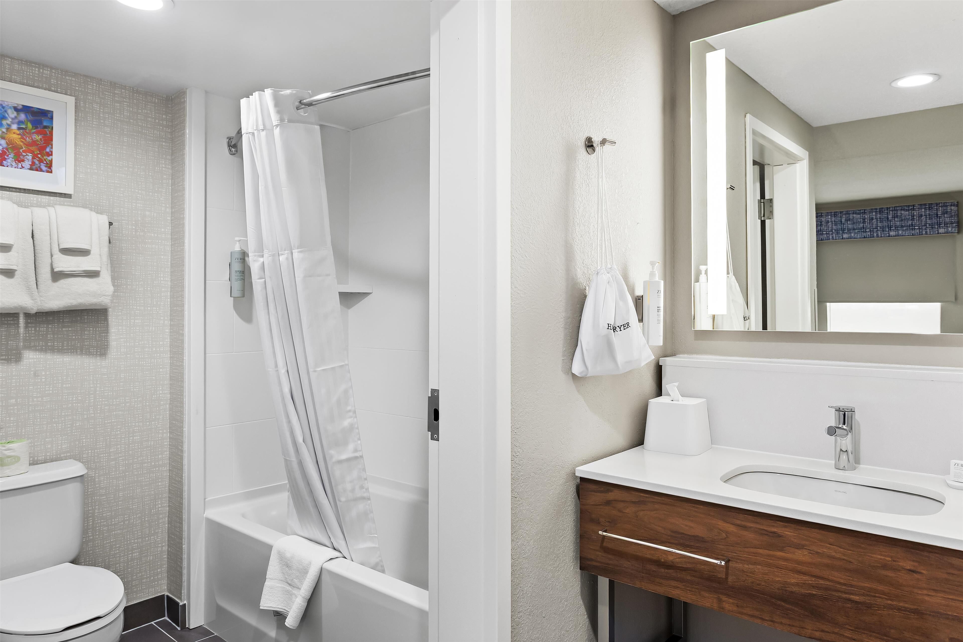 combined shower/bathtub, free toiletries, hair dryer, towels