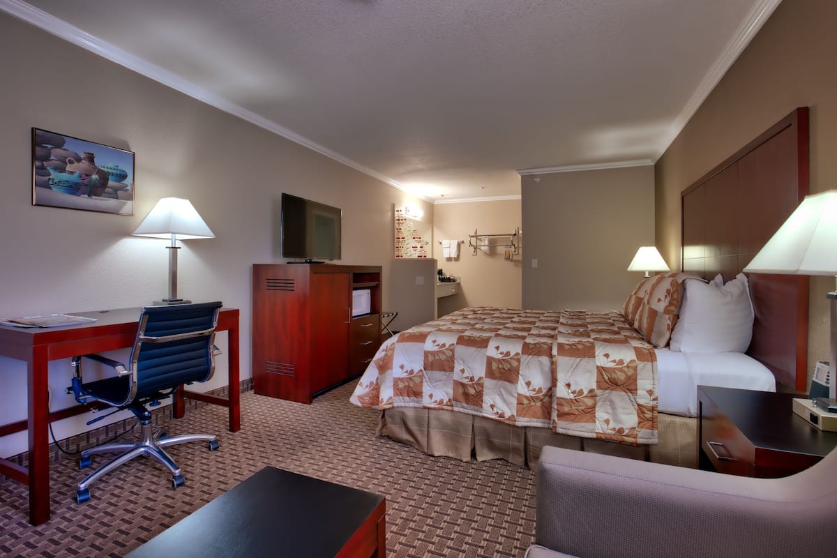 Habitación de hotel con cama, escritorio, silla y televisor.