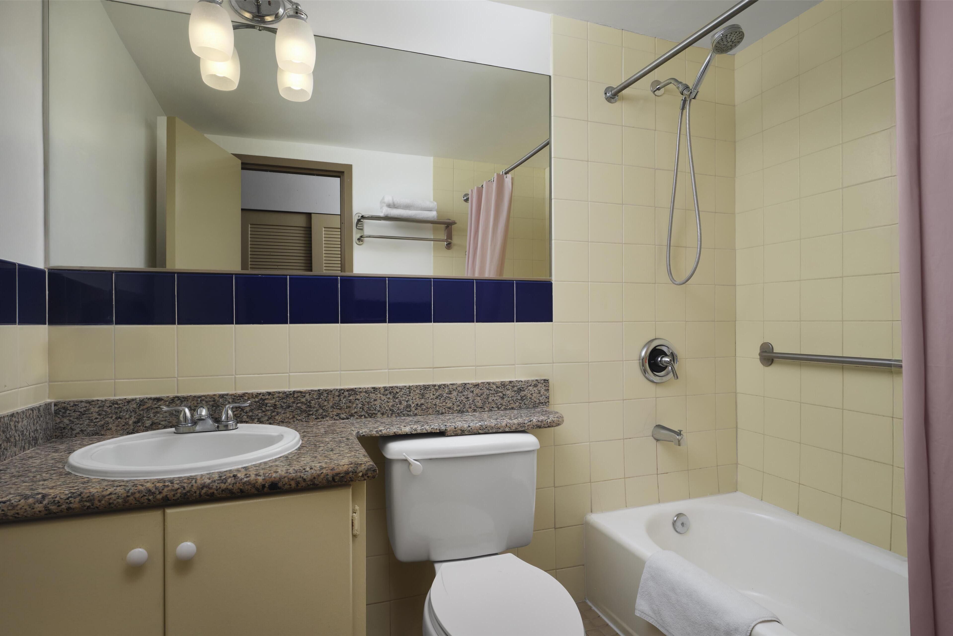 Un baño con lavamanos, inodoro, bañera y ducha.