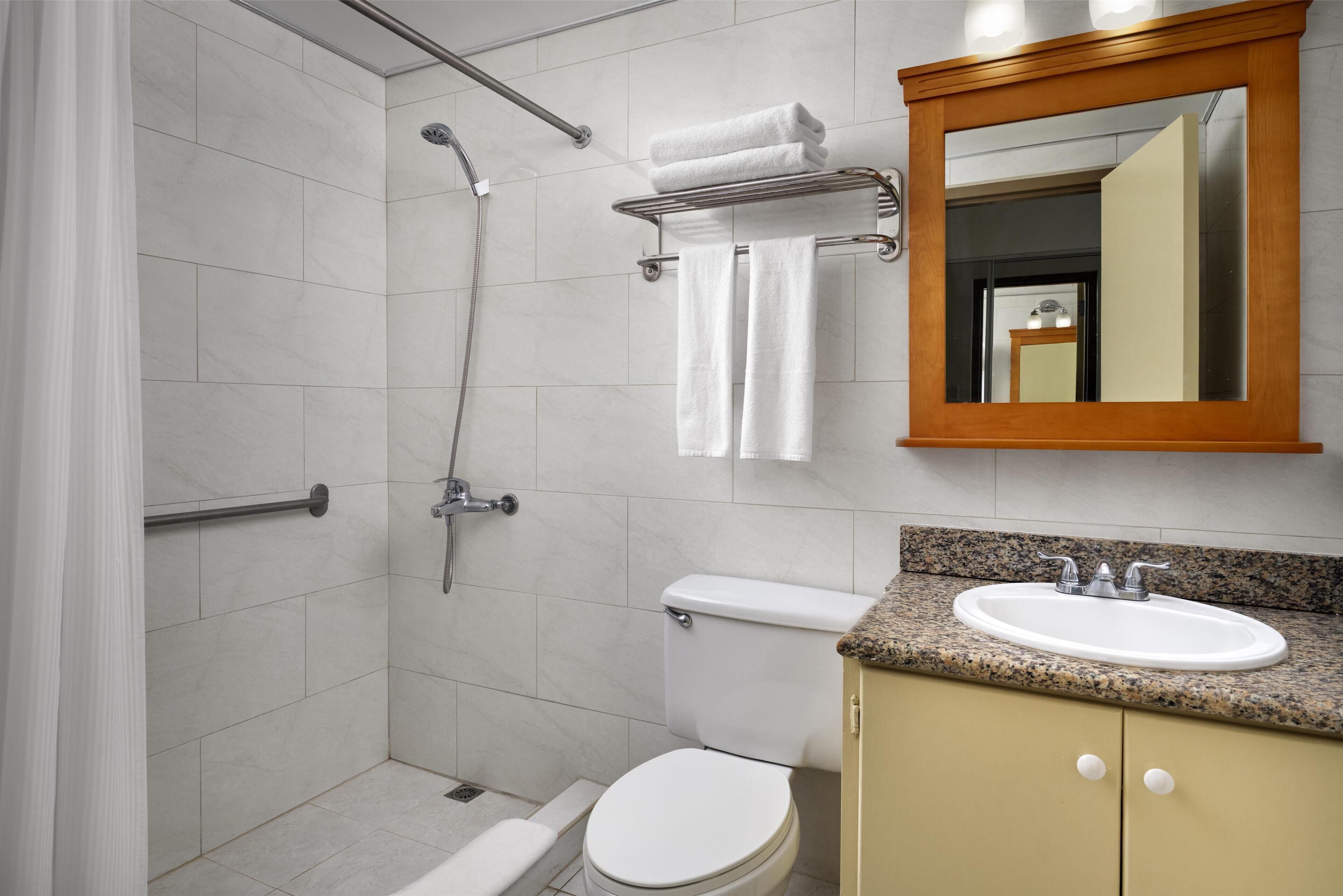 Ein Badezimmer mit Dusche, Toilette, Waschbecken und Spiegel.