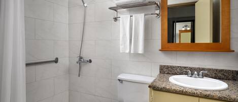 Ein Badezimmer mit Dusche, Toilette, Waschbecken und Spiegel.