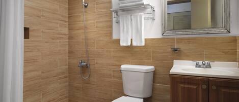 Une salle de bain moderne équipée d’une douche, de toilettes et d’un lavabo.