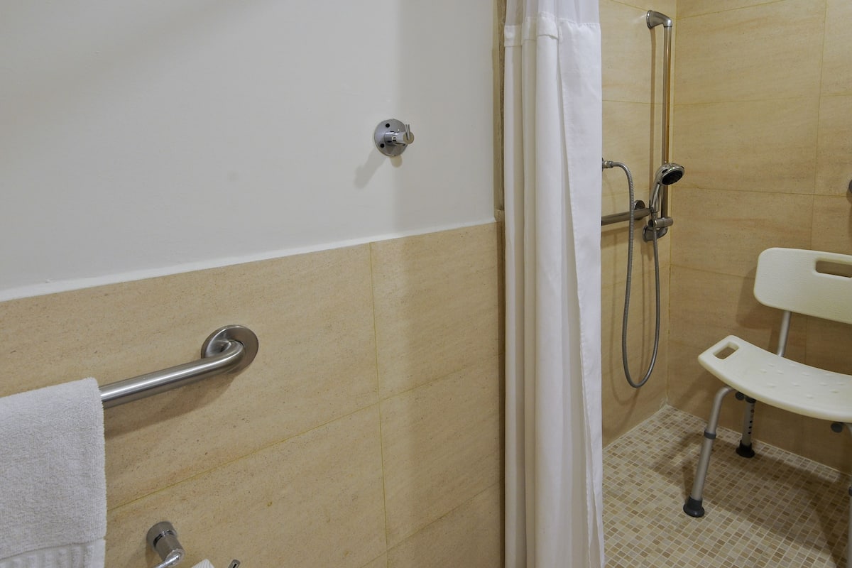 Rainfall showerhead, free toiletries, hair dryer, towels