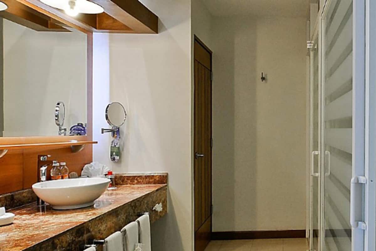 Rainfall showerhead, free toiletries, hair dryer, towels