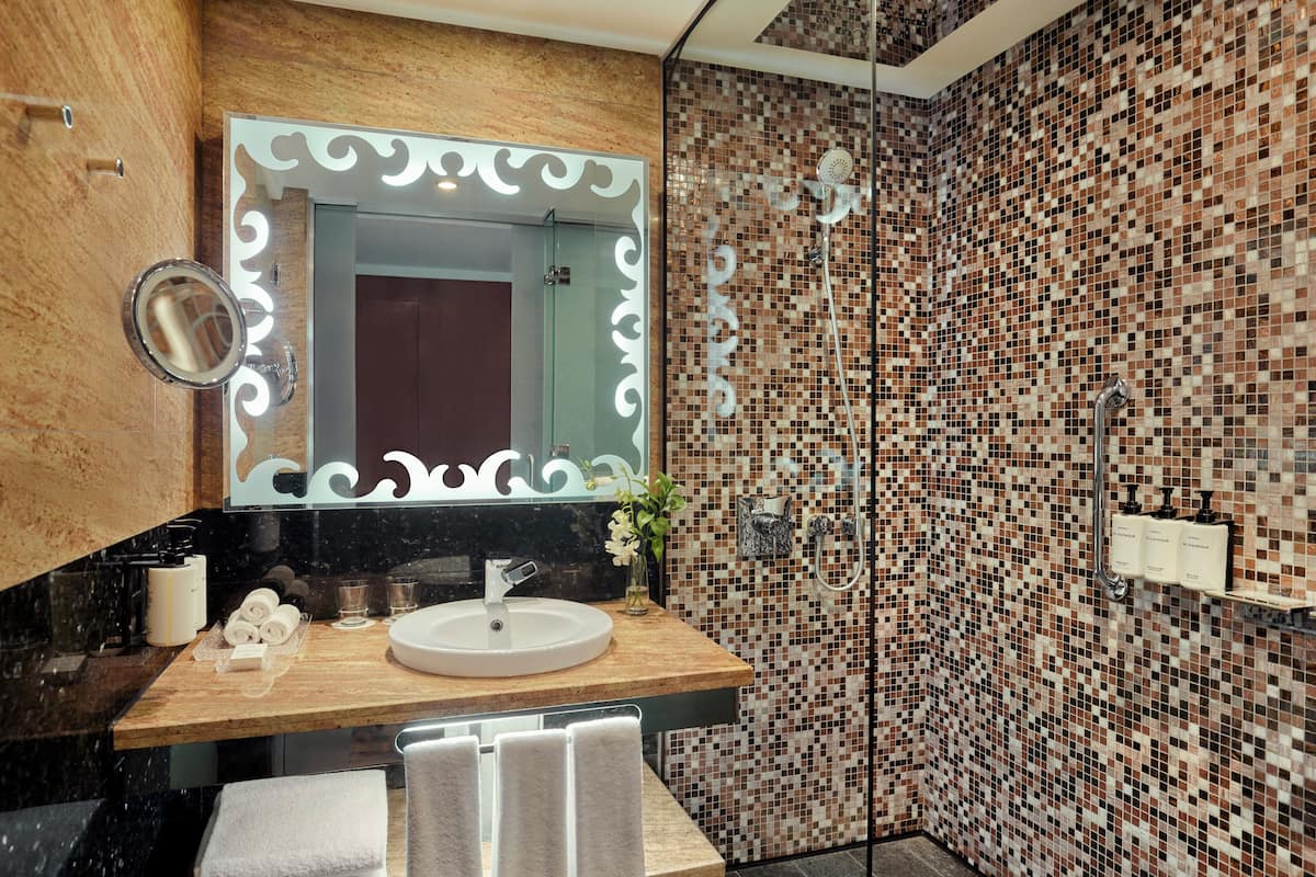 Combined shower/bathtub, free toiletries, hair dryer, bathrobes