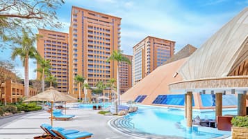 Indoor pool, outdoor pool, pool loungers