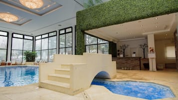 Indoor pool, open 10:00 AM to 10:00 PM, sun loungers