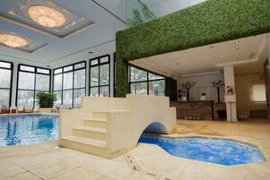 Una piscina interior con techo de cristal, una escalera que lleva a una zona en la azotea y una pared de ladrillo con jardín vertical.