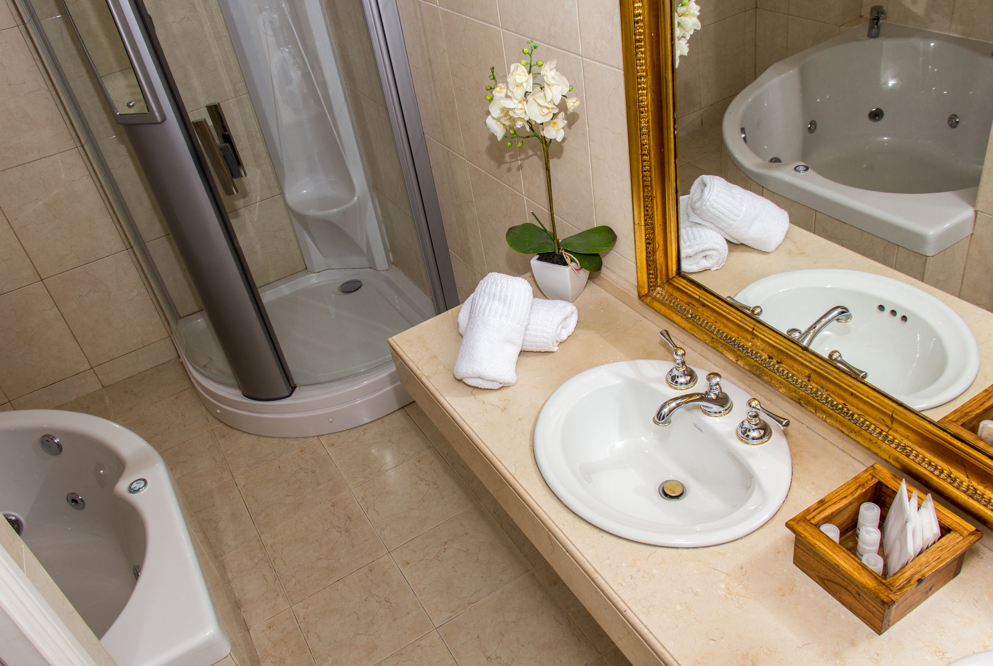 deluxe quadruple room | bathroom | free toiletries, hair dryer, bidet, towels
