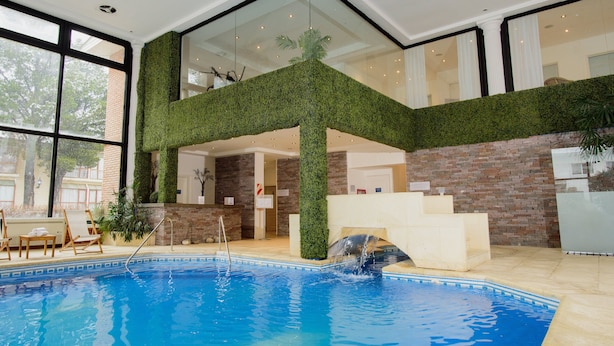 An indoor swimming pool with a glass ceiling, surrounded by brick walls and a green artificial grass wall.