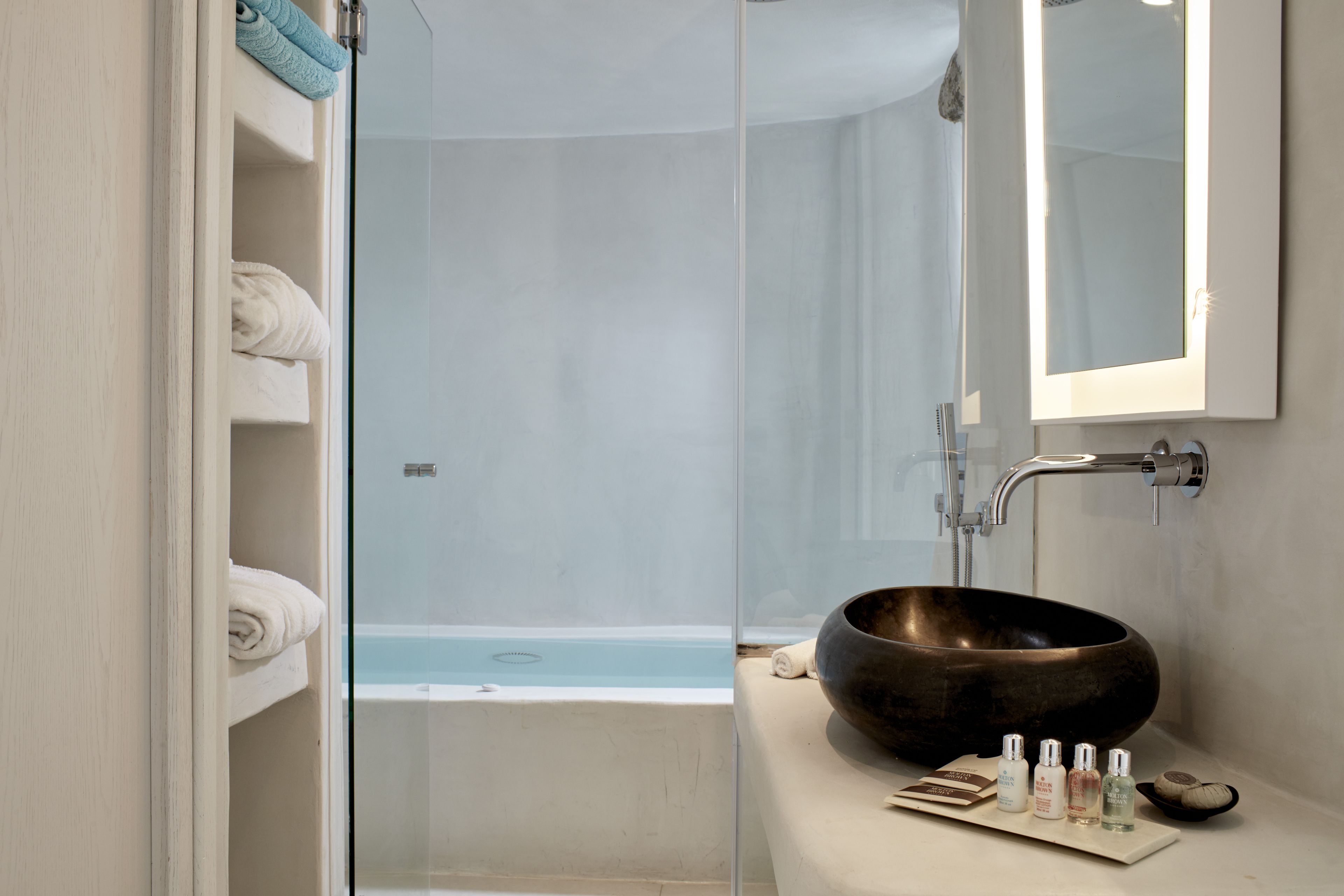 suite sea view with indoor jetted tub | bathroom | shower, designer toiletries, hair dryer, bathrobes