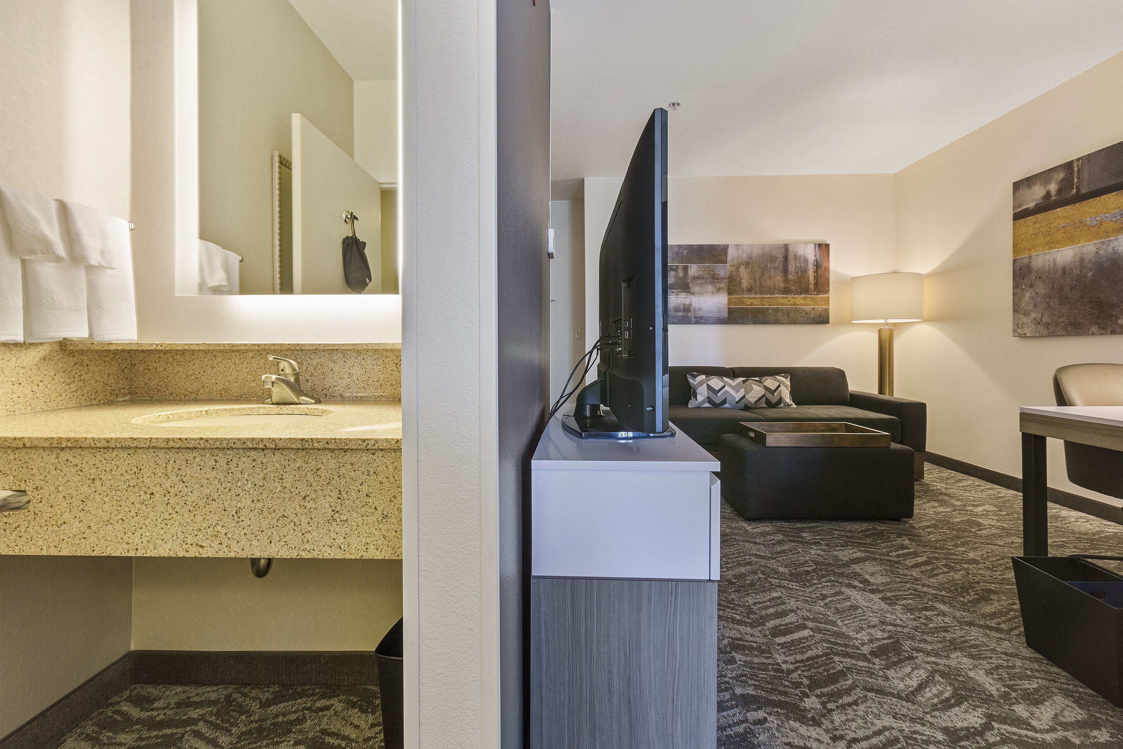 combined shower/bathtub, free toiletries, hair dryer, towels